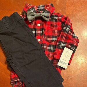 Red & Black Plaid Button-Up Shirt with Gray Bowtie and Black Pants